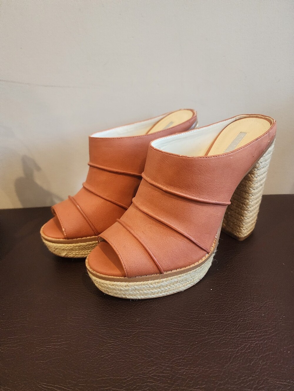 BCBGeneration Cecely Tan Ruched Espadrille Platform Mule Heels, 9M